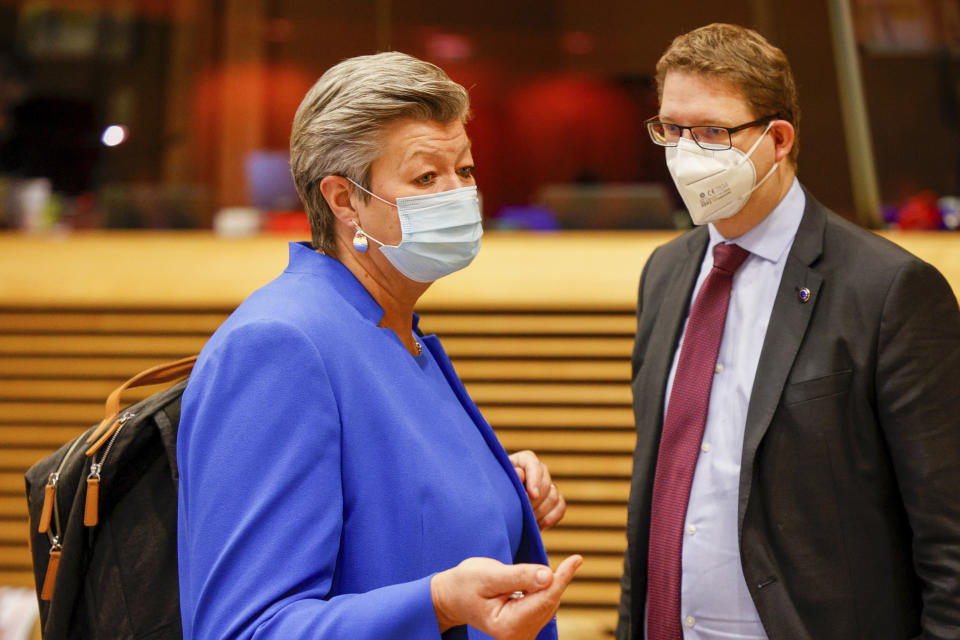 European Interior Commissioner Ylva Johansson arrives at the College of Commissioners in Brussels, Wednesday, Dec 1, 2021. (AP Photo/Olivier Matthys, Pool)