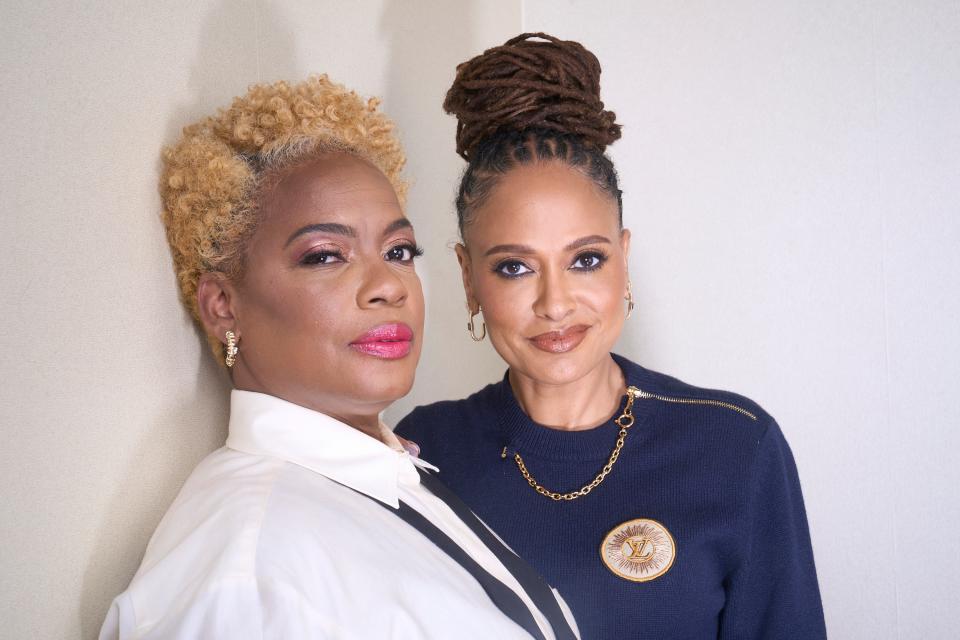 "Origin" star Aunjanue Ellis-Taylor, left, and director Ava DuVernay pose for a portrait in Beverly Hills, California, last month.