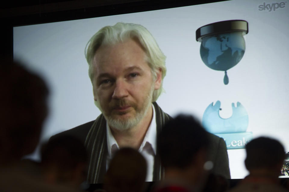 Julian Assange, founder of the WikiLeaks website, speaks during a panel discussion at the South By Southwest (SXSW) Interactive Festival in Austin, Texas, U.S., on Saturday, March 8, 2014. (David Paul Morris/Bloomberg via Getty Images)