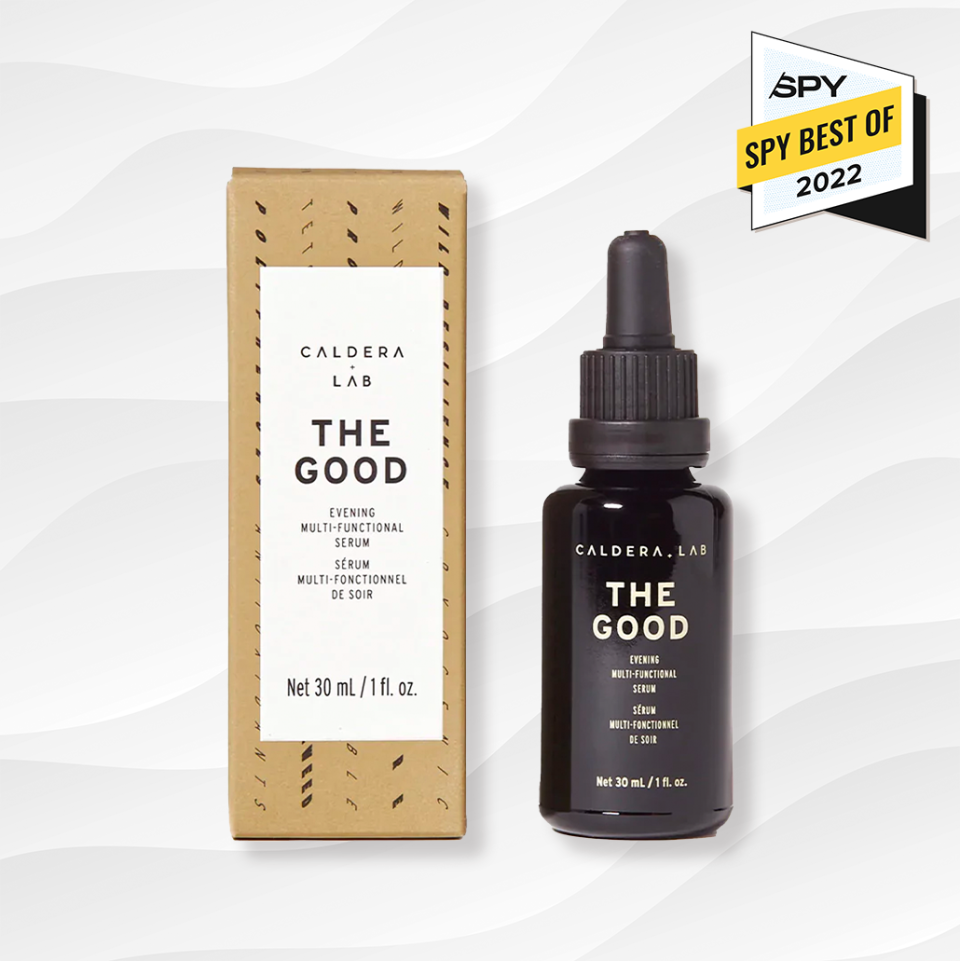 the caldera + lab the good face serum against a white wavy background