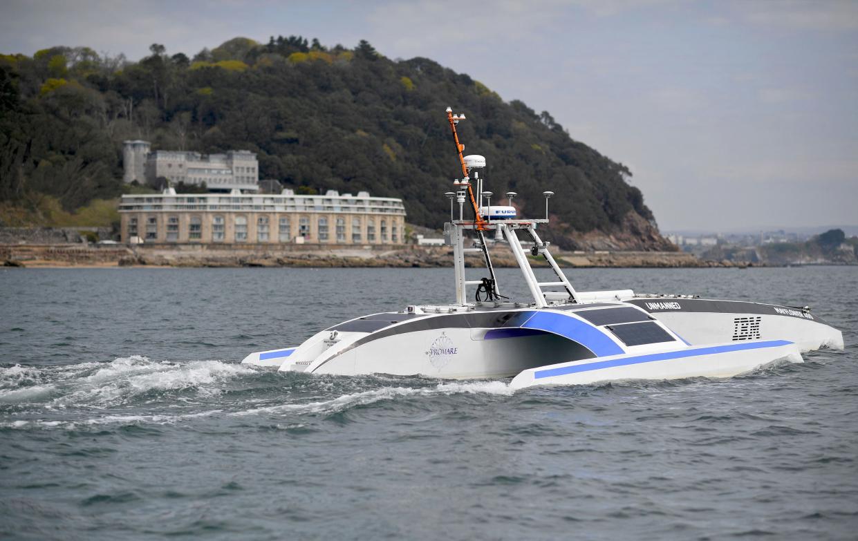 The Mayflower 400 autonomous trimaran is pictured during a sea trial in Plymouth, south west England on April 27, 2021. 