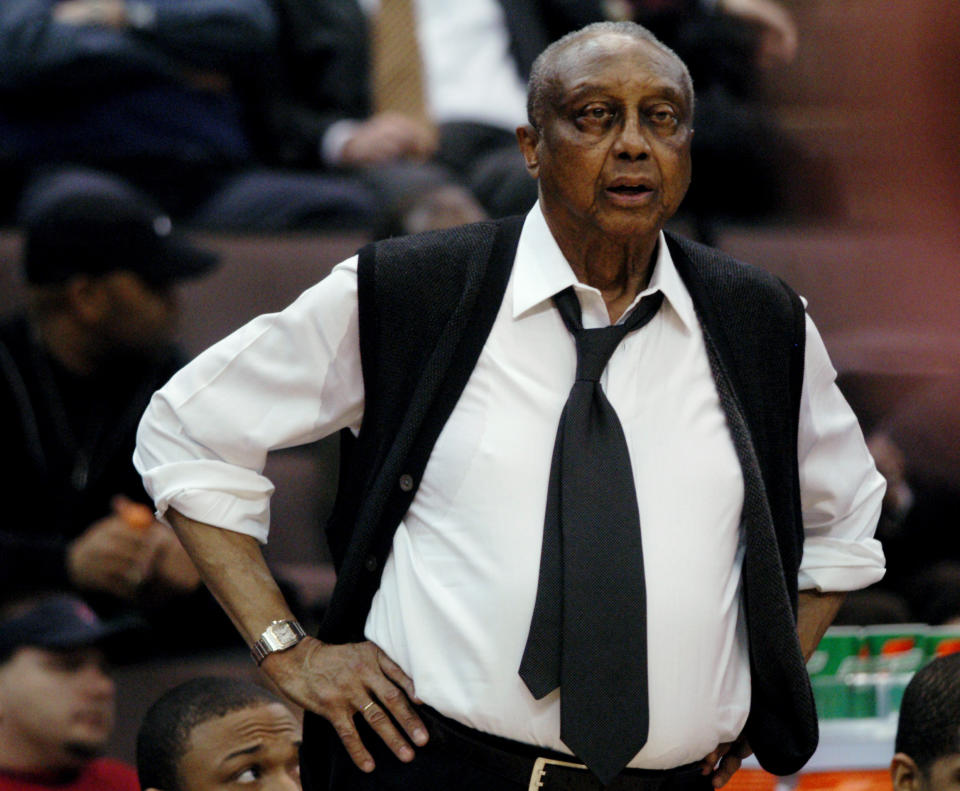 FILE - Temple coach John Chaney watches his players during the second half of their Atlantic 10 tournament basketball game against Rhode Island in Cincinnati, in this Wednesday, March 8, 2006, file photo. Temple won 74-45. John Chaney, one of the nation’s leading Black coaches and a commanding figure during a Hall of Fame basketball career at Temple, has died. He was 89. His death was announced by the university Friday, Jan. 29, 2021. (AP Photo/Tony Tribble, File)