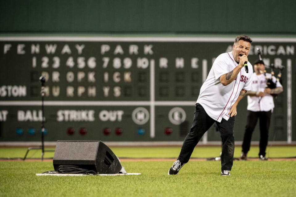 Ken Casey performs in Boston’s Fenway Park during the Streaming Outta Fenway performance–with no live audience–as the Major League Baseball season was postponed due to the COVID-19 pandemic, May 29, 2020.. (Credit: Maddie Malhotra/Boston Red Sox/Getty Images)