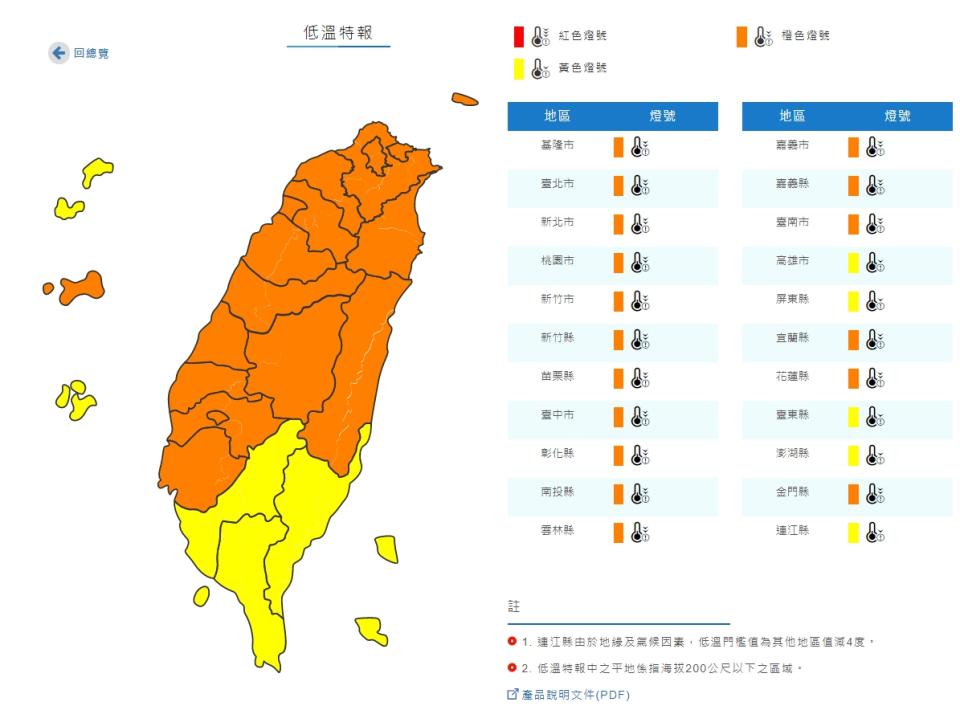 氣象局對全台發布低溫特報。（圖／翻攝自中央氣象局）