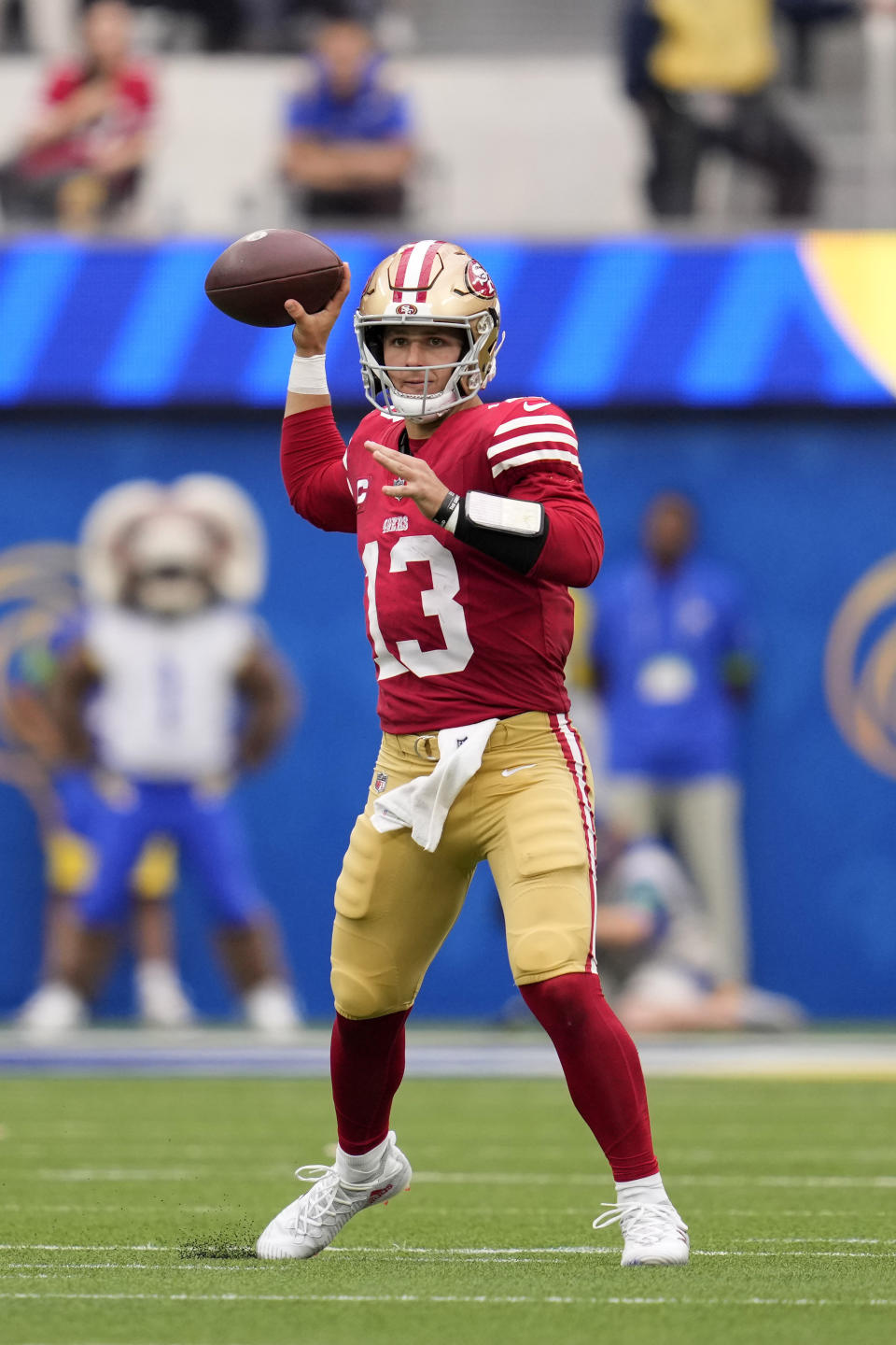 San Francisco 49ers quarterback Brock Purdy passes during the second half of an NFL football game against the Los Angeles Rams Sunday, Sept. 17, 2023, in Inglewood, Calif. (AP Photo/Ashley Landis)