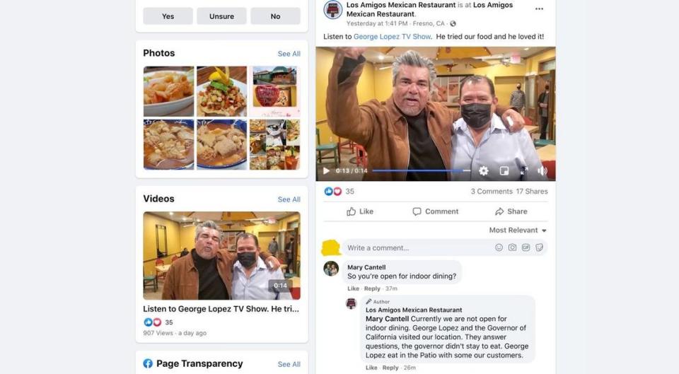 On its Facebook page, Los Amigos offered an explanation of what happened when California Governor Gavin Newsom and actor George Lopez visited the Fresno restaurant: “Currently we are not open for indoor dining. George Lopez and the Governor of California visited our location. They answer questions, the governor didn’t stay to eat. George Lopez eat in the Patio with some our customers.”