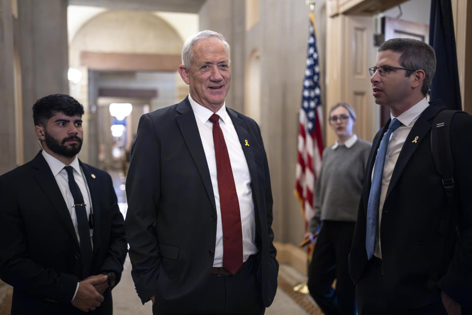 Benny Gantz, a key member of Israel's War Cabinet and the top political rival of Israeli Prime Minister Benjamin Netanyahu, leaves a meeting in the office of Senate Minority Leader Mitch McConnell, R-Ky., at the Capitol in Washington, Monday, March 4, 2024. Gantz also met earlier with Vice President Kamala Harris and other top White House officials. (AP Photo/J. Scott Applewhite)