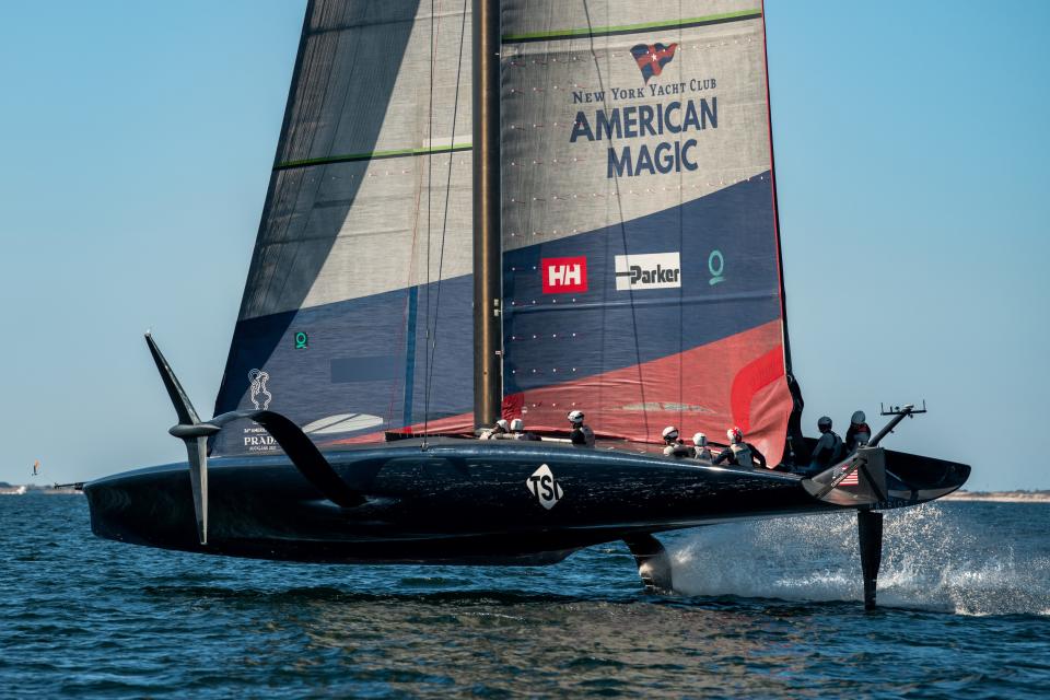 New York Yacht Club American Magic's Patriot sails on Pensacola Bay on Sunday.