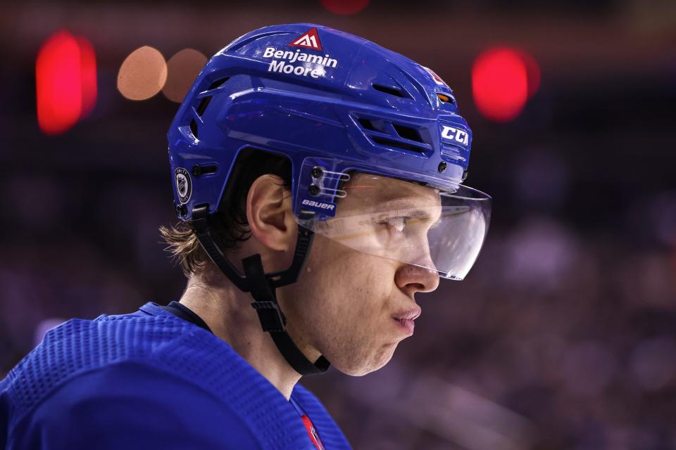 NEW YORK, NEW YORK - APRIL 11: Artemi Panarin #10 of the New York Rangers looks on during second period against the Philadelphia Flyers at Madison Square Garden on April 11, 2024 in New York City.