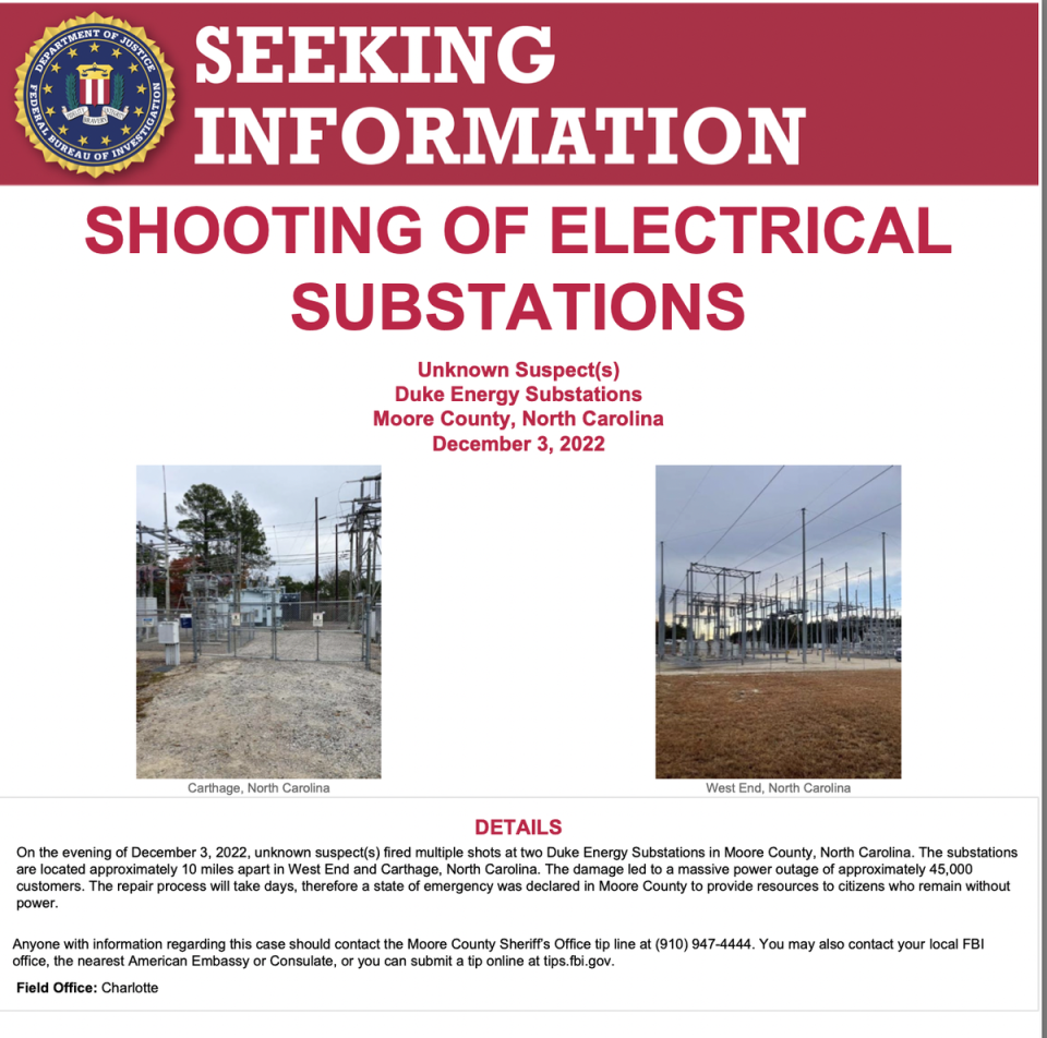 An FBI poster released on Thursday sought information for the attacks on two substations in North Carolina at the weekend (FBI)
