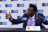 Nebraska safety Deontai Williams talks to reporters during an NCAA college football news conference at the Big Ten Conference media days, Thursday, July 22, 2021, at Lucas Oil Stadium in Indianapolis. (AP Photo/Doug McSchooler)