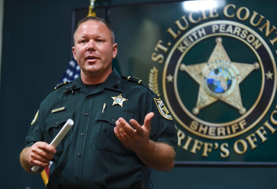 The new St. Lucie County Sheriff Keith Pearson speaks at the St. Lucie County Sheriff's Office on Midway Road in Fort Pierce. "It's very humbling but it’s also very exciting knowing that we are going to be able to be able to continue serving St. Lucie County at this level of excellency," Pearson said at the start of a media interview at the Sheriff’s Office on Midway Road on Monday Dec. 4, 2023, in Fort Pierce. The former St. Lucie County Sheriff Ken Mascara submitted his resignation on Friday Dec. 1, and he cited ongoing “health issues” for his departure. He’s currently out of state seeking treatment, he noted.