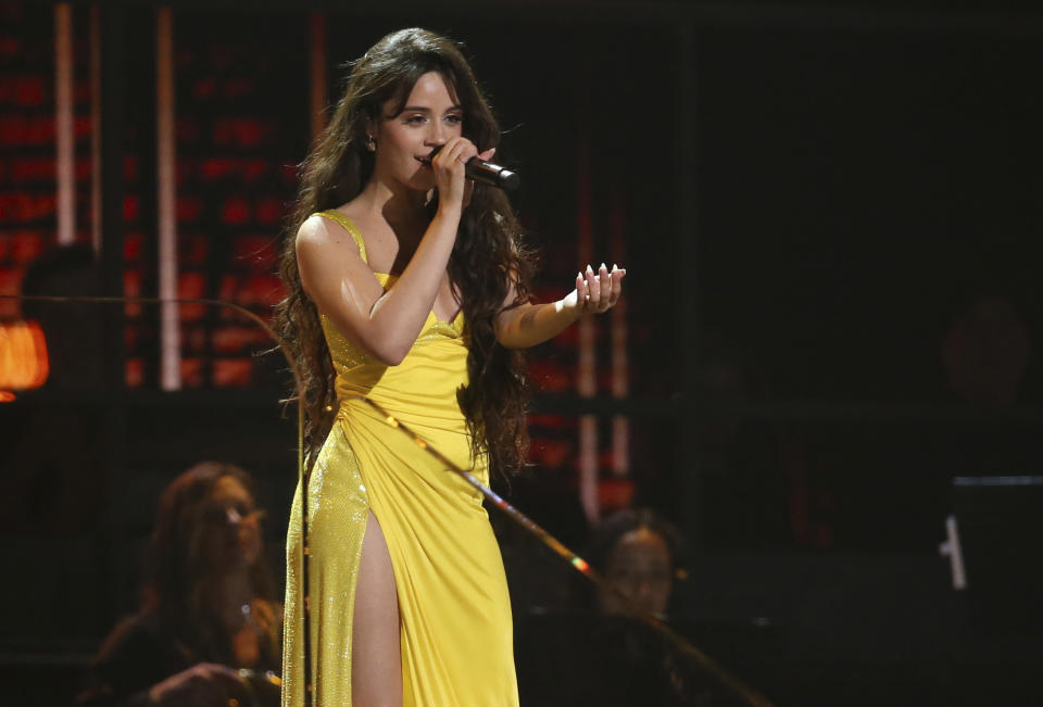 FILE - Camila Cabello performs at the 62nd annual Grammy Awards Jan. 26, 2020, in Los Angeles. Cabello turns 24 on March 3. (Photo by Matt Sayles/Invision/AP, File)