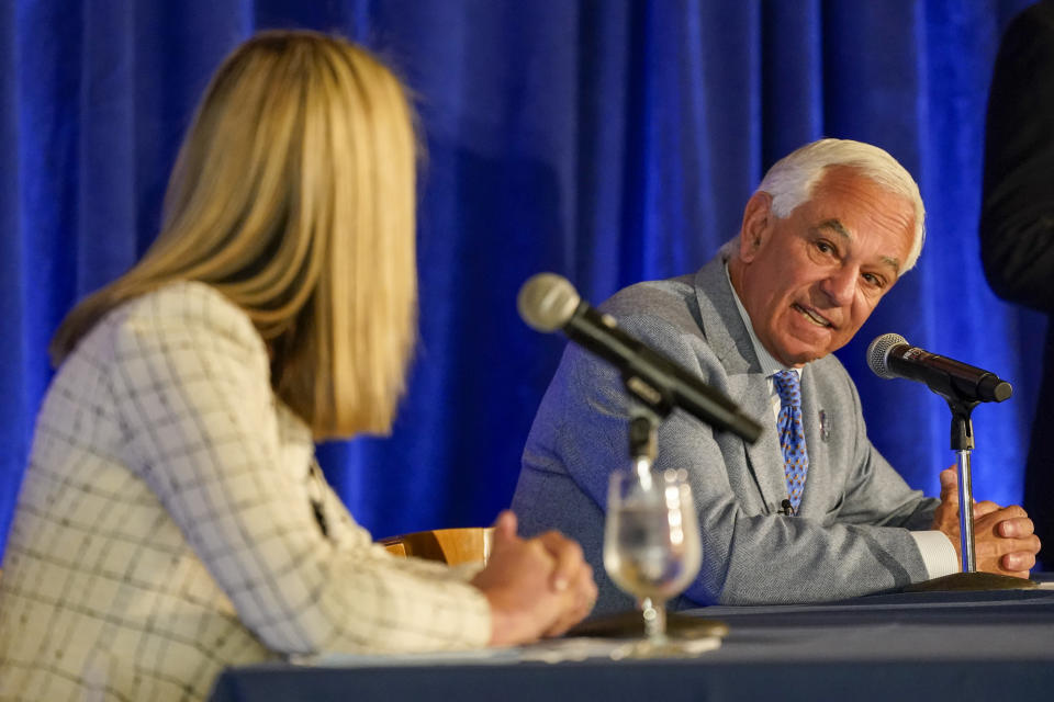 State. Rep. Caroline Simmons, left, D-Stamford, and former New York Mets manager Bobby Valentine debate during a Stamford mayoral debate Thursday, Oct. 21, 2021, in Darien, Conn. Valentine is running as an unaffiliated candidate against the 35-year-old Harvard-educated Simmons, who upset the sitting Democratic mayor in a September primary. (AP Photo/Mary Altaffer)