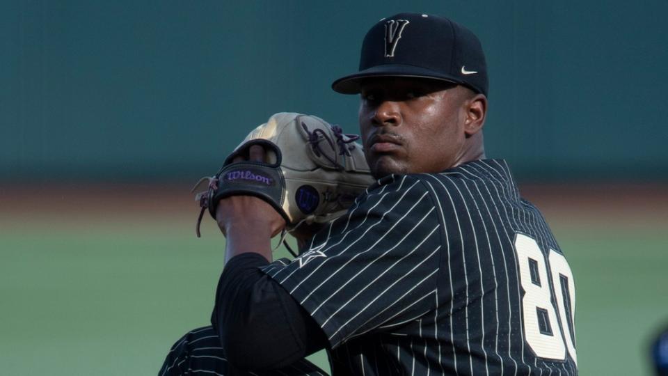 Vanderbilt pitcher Kumar Rocker (80) pitches against Arizona in the NCAA Men's College World Series at TD Ameritrade Park Saturday, June 19, 2021 in Omaha, Neb.