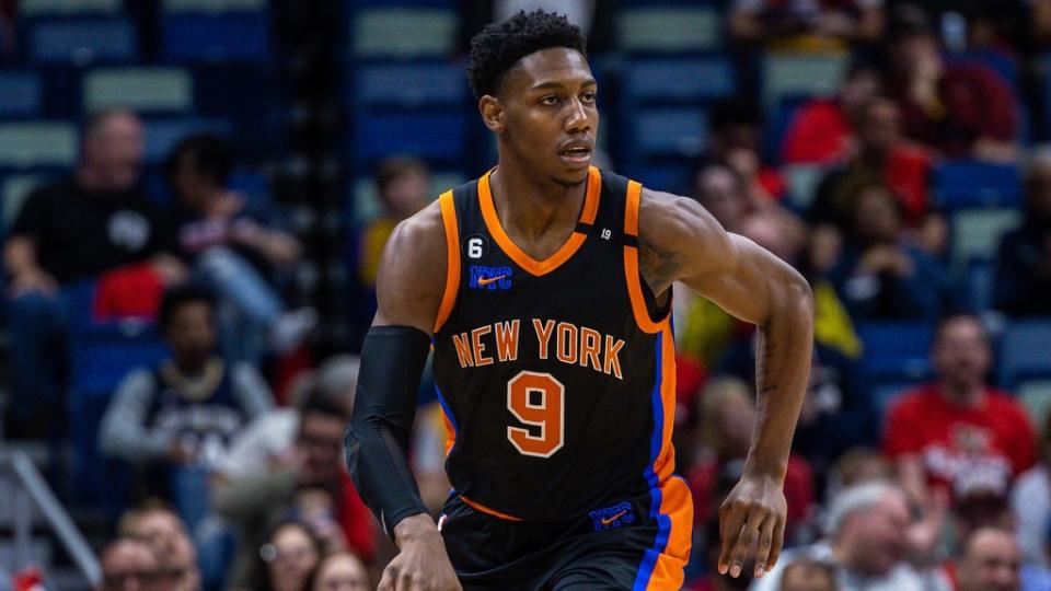 Apr 7, 2023; New Orleans, Louisiana, USA; New York Knicks guard RJ Barrett (9) brings the ball up court against the New Orleans Pelicans during the first half at Smoothie King Center. Mandatory Credit: Stephen Lew-USA TODAY Sports