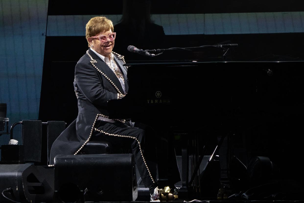 Elton John performs on his Farewell Yellow Brick Road Tour at the Alamodome in San Antonio, Texas, on Saturday, Oct. 29, 2022.
