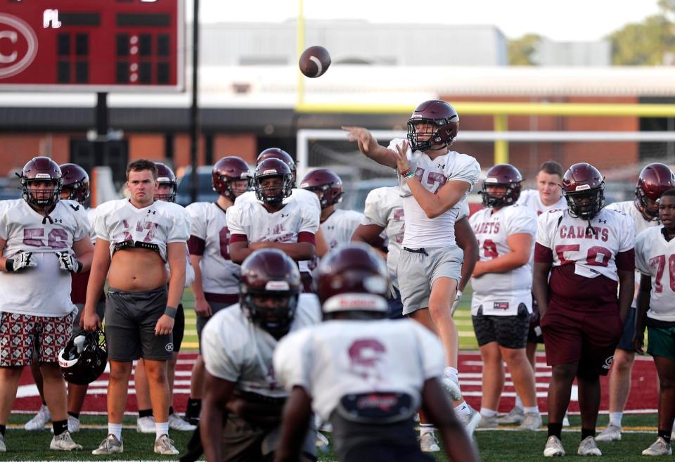 Benedictine quarterback Luke Kromenhoek passes the ball down the field during practice.