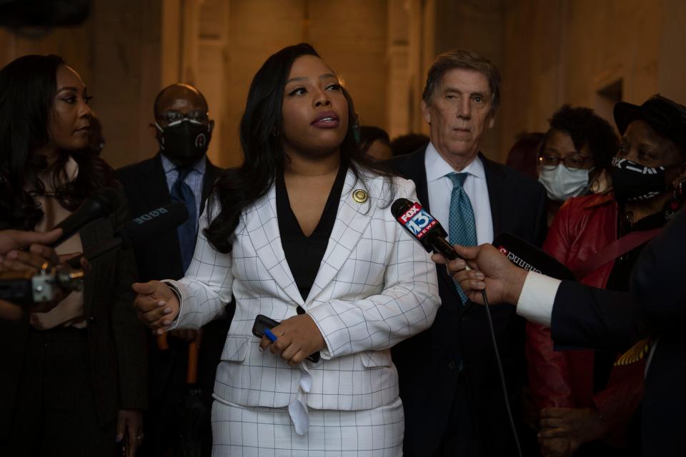 Sen Katrina Robinson speaks to members of the press following her expulsion trial in the Senate Chambers at the State Capitol in Nashville, Tenn., Wednesday, Feb. 2, 2022.