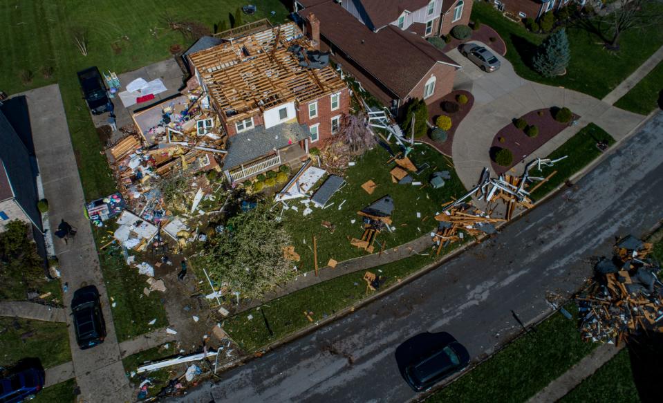 A home on Bohannon Station Road in the Glenmary subdivision in southeastern Louisville had its roof ripped off in Wednesday night's storms. April 14, 2022