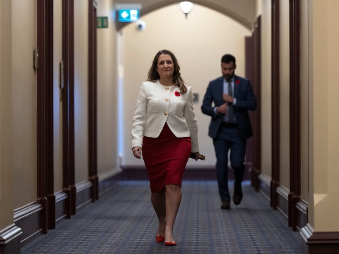 Deputy Prime Minister and Finance Minister Chrystia Freeland makes her way to a cabinet meeting on Parliament Hill in Ottawa on Thursday, Nov. 3, 2022. (Adrian Wyld/The Canadian Press - image credit)