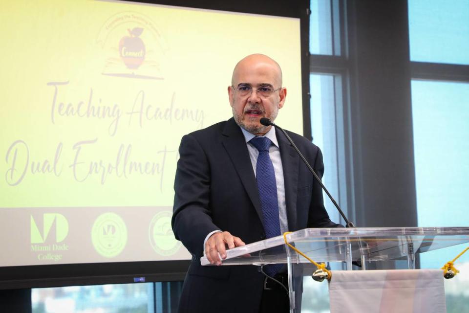 Jose Dotres, superintendent of Miami-Dade County Public Schools, speaks at the launch event for the Teaching Academy Dual Enrollment Program on the Miami Dade College Eduardo J. Padrón Campus in Little Havana on Tuesday, June 13, 2023.