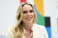 Lindsey Vonn, Olympic Skiing Champion, smiles as she is interviewed at the International Olympic Committee launch of the Olympic AI Agenda at Lee Valley VeloPark, in London, Friday, April 19, 2024. They will be presenting the envisioned impact that artificial intelligence can deliver for sport, and how the IOC intends to lead on the global implementation of AI within sport. (AP Photo/Kirsty Wigglesworth)