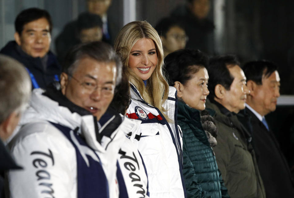 <p>Ivanka Trump, center, daughter of U.S. President Donald Trump, stands at the beginning of the closing ceremony of the 2018 Winter Olympics in Pyeongchang, South Korea, Sunday, Feb. 25, 2018. (AP Photo/Patrick Semansky, Pool) </p>