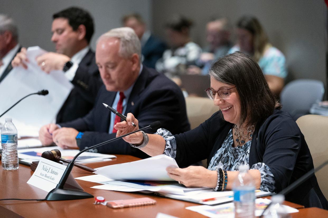 Ohio Redistricting Commission members  Republican Auditor Keith Faber and Senate Minority Leader Nickie Antonio review maps for Ohio's House and Senate districts.