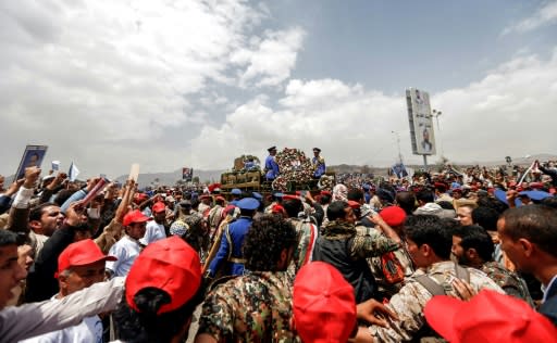 A truck carries the coffin of the Yemeni Huthi rebels' political chief Saleh al-Sammad during his funeral in Sanaa on April 28, 2018