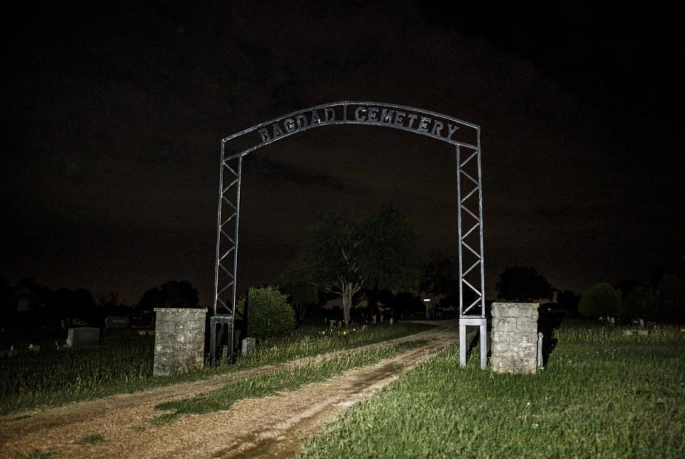 The Bagdad Cemetary in Leander is seen at night on Oct. 28, 2023. The cemetary once served as the filming location for the 1974 horror film Texas Chainsaw Massacre.       