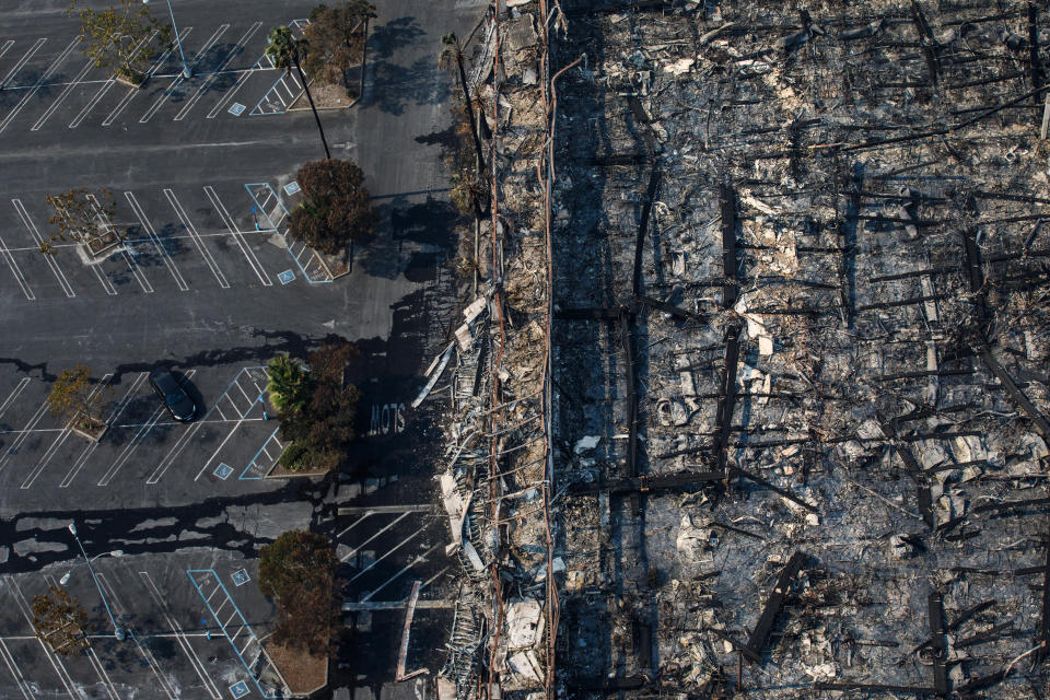 Aerial views of the Kmart store destroyed by fire along the 101 freeway in Santa Rosa.