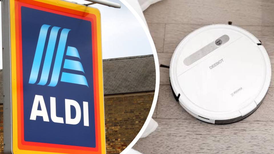 Pictured: ALDI store sign and robotic vacuum cleaner and mop. Images: Getty, ECOVACS