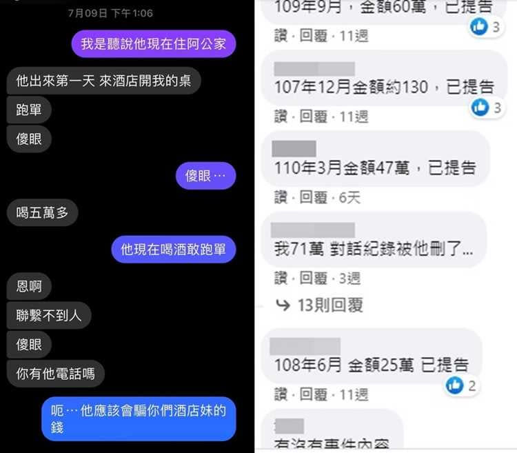 被害人在臉書社團留言被楊男詐騙金額，並會註記是否已提告，還有酒店妹循線找上門希望幫忙討酒錢。（圖／讀者提供、翻攝臉書）