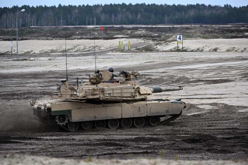 Abrams tank during the training of Polish and American soldiers in Nowa Deba, southeast Poland on 12 April (EPA)