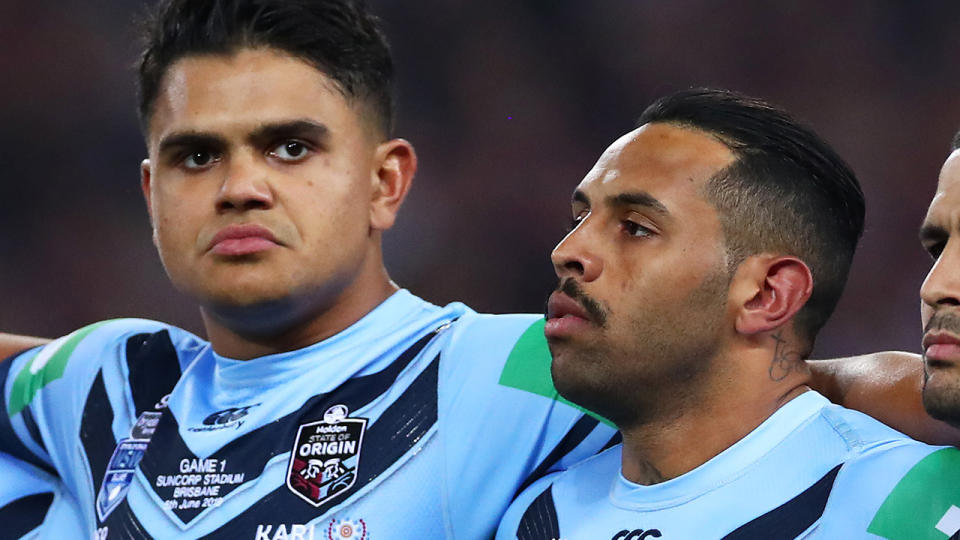 Latrell Mitchell and Josh Addo-Carr, pictured here looking on before State of Origin in 2019.