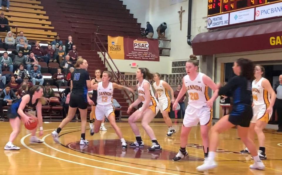 The Gannon women's basketball team plays defense during its PSAC Tournament quarterfinal win over Pitt-Johnstown on Wednesday, March 2, 2022, at Gannon University.