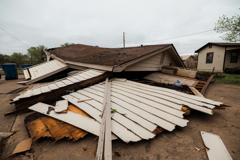 A garage in Barnsdall collapsed after a tornado ripped through the small community Monday night.