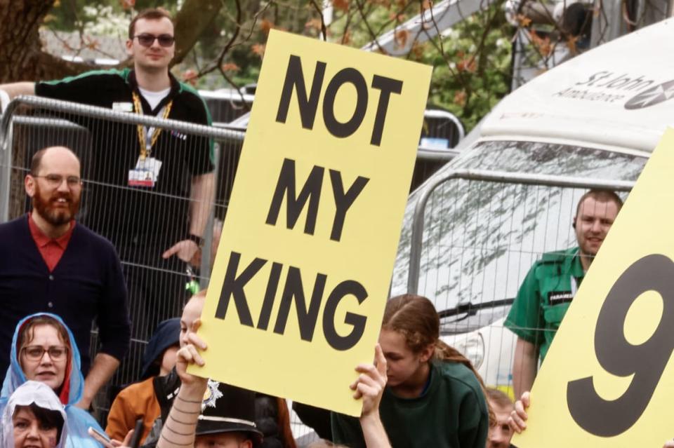 <div class="inline-image__caption"><p>Anti-monarchy demonstrators protest on the day of Britain's King Charles' coronation ceremony, at The Mall in London, Britain May 6, 2023.</p></div> <div class="inline-image__credit">REUTERS/Yara Nardi/Pool</div>