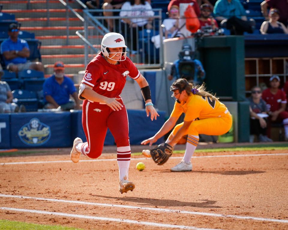 Arkansas Razorbacks infielder Audrie LaValley (99) runs to first base during the game against the Missouri Tigers at Katie Seashole Pressly Stadium at the University of Florida in Gainesville, Florida, on Saturday, May 14, 2022.