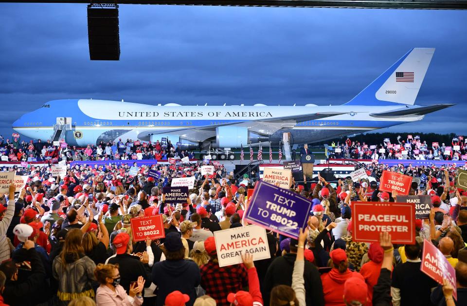 President Trump addresses supporters at a campaign rally at MBS International Airport in Freeland, Mich., on Sept. 10.