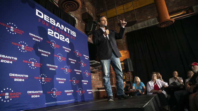 Republican presidential candidate Florida Gov. Ron DeSantis delivers a speech covering his campaign platform and promises on Thursday, Aug. 10, 2023, at Iowa River Power Restaurant in Iowa City, Iowa.