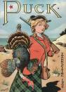 1904 — Vintage illustration from Puck Magazine of a woman hunter holding a Thanksgiving turkey she has just shot with her rifle. Lithograph by Louis M. Glackens, printed by J. Ottmann, New York, 1904. — Image by © puck/PoodlesRock/PoodlesRock/Corbis