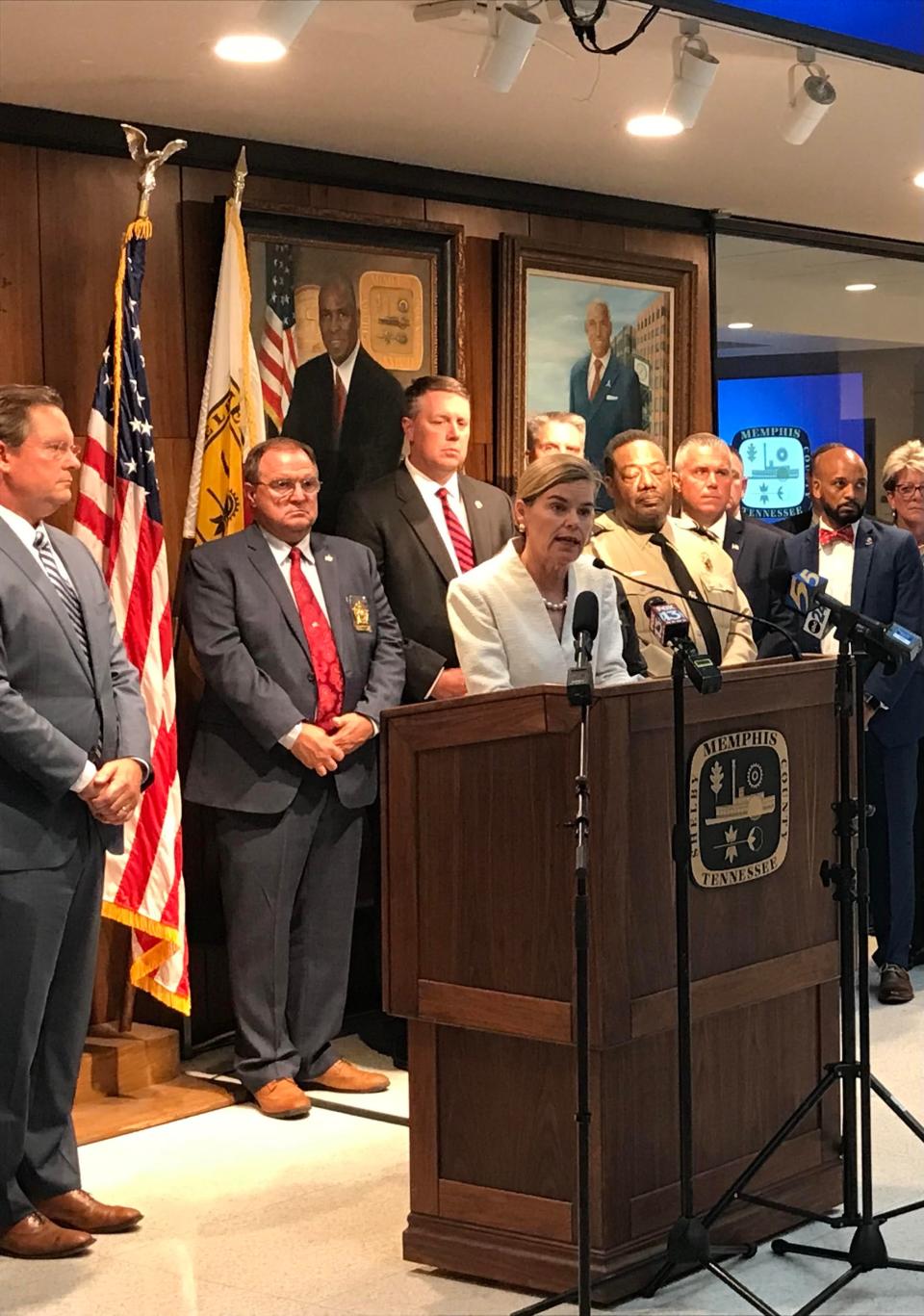 Shelby County District Attorney General Amy Weirich gives a speech about a new law that mandates longer prison sentences for those convicted of violent crimes. She spoke at Memphis City Hall on June 23, 2022.