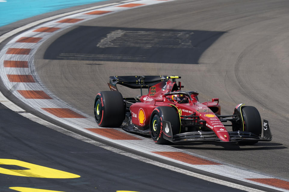 Ferrari driver Carlos Sainz of Spain races during qualifying for the Formula One Miami Grand Prix auto race at the Miami International Autodrome, Saturday, May 7, 2022, in Miami Gardens, Fla. (AP Photo/Lynne Sladky)