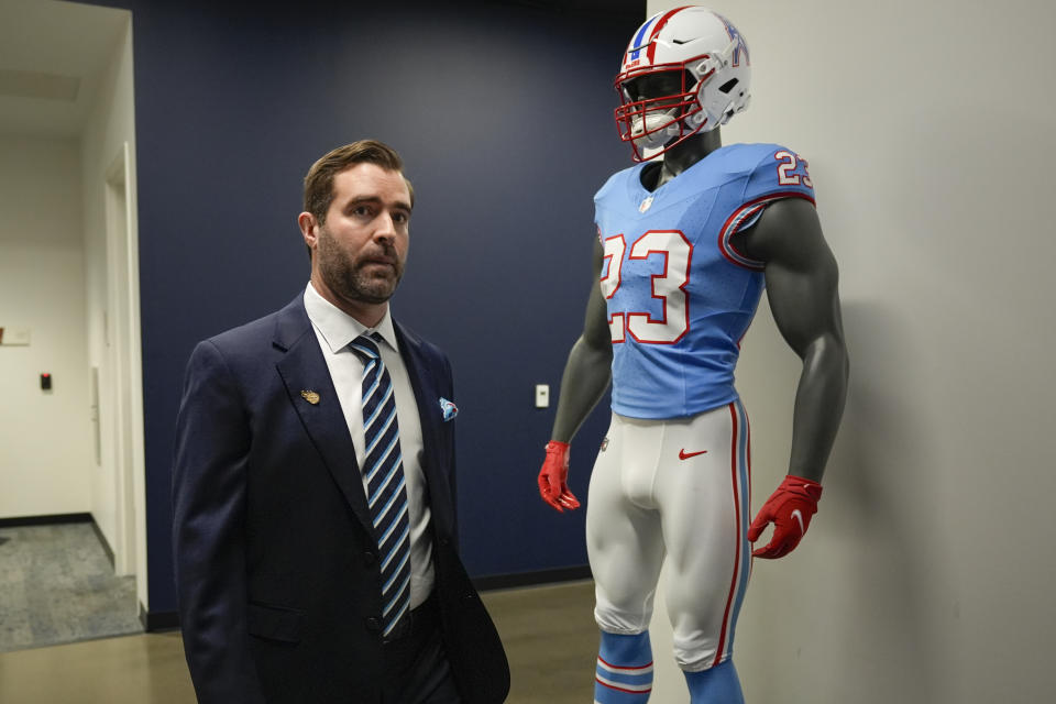 Tennessee Titans new head football coach Brian Callahan arrives for his introductory press conference at the NFL team's training facility Thursday, Jan. 25, 2024, in Nashville, Tenn. (AP Photo/George Walker IV)
