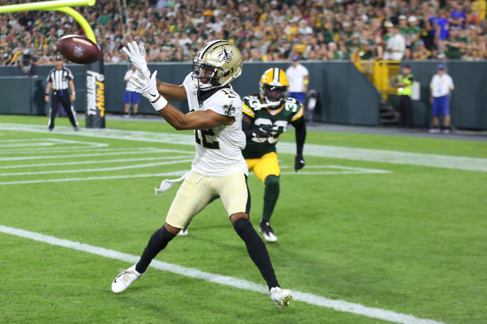 Rookie receiver Chris Olave is quickly carving out a role with the Saints, making him appealing in fantasy drafts. (Photo by Larry Radloff/Icon Sportswire via Getty Images)