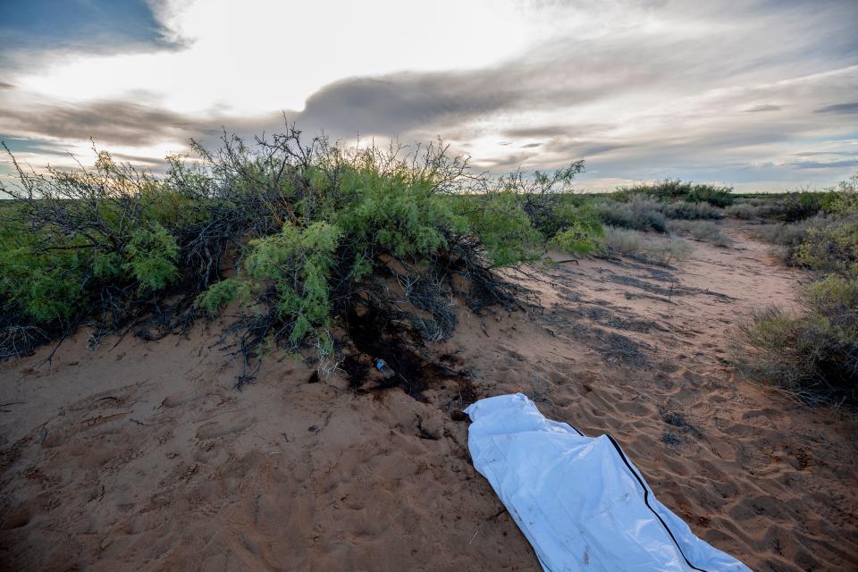 A water bottle is seen close to where a dead migrant was found dead by Border Patrol agents on Sept. 13, 2023, in the desert in New Mexico just two miles north of the border wall.
