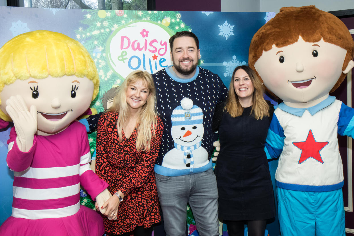 Claire Morgan, Jason Manford, Sarah Hadland poses with characters at the preview screening of the 