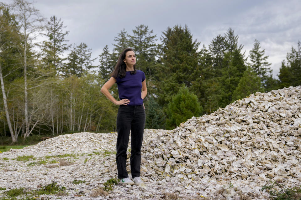 Becca Millstein, founder of Los Angeles-based tinned fish company Fishwife, poses for a portrait, Friday, Oct. 13, 2023, outside a cannery in Bay Center, Wash. (AP Photo/Lindsey Wasson)